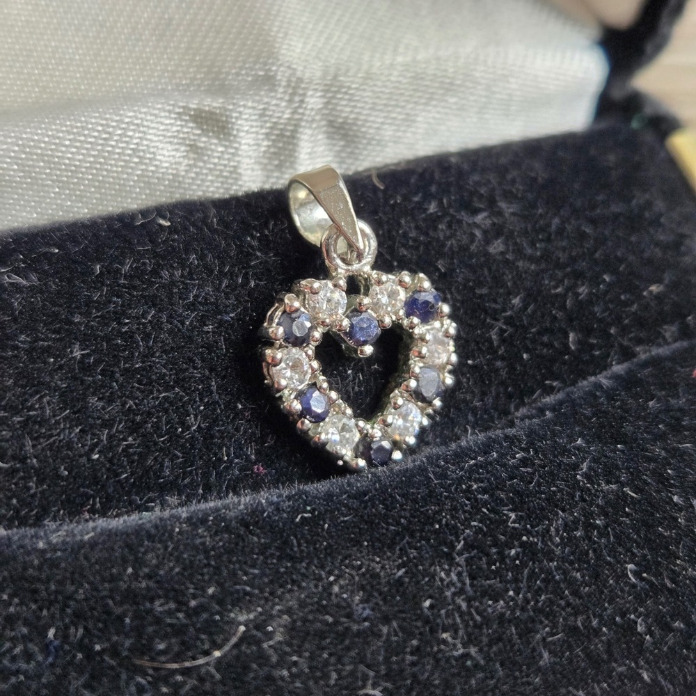 Silver Tone Blue and White Stones Open Heart Pendant Charm 15mm